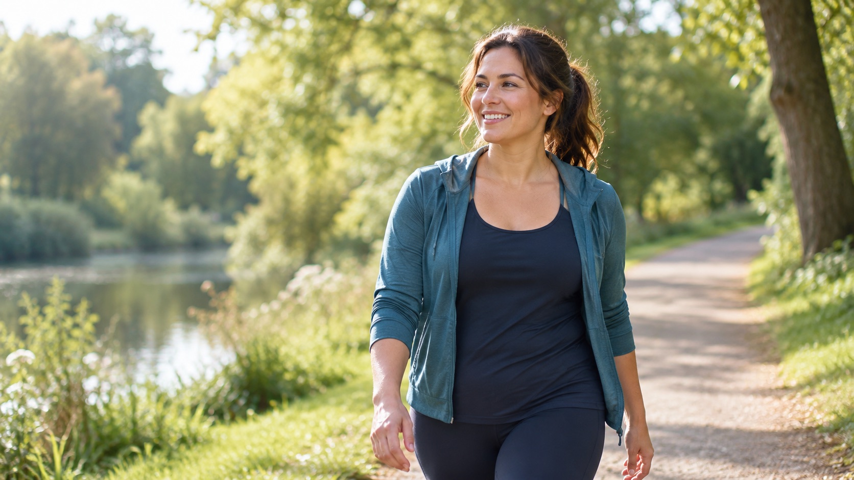 Woman smiling while walking outdoors on a leafy path